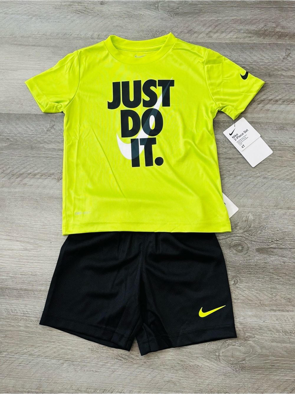 NEW Nike Neon Yellow logo tee & black shorts set